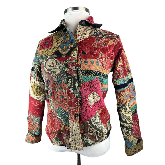 Chico's Tapestry Patchwork Embroidered Crochet Button Front Jacket Sz 1 Medium 8 - Picture 4 of 16